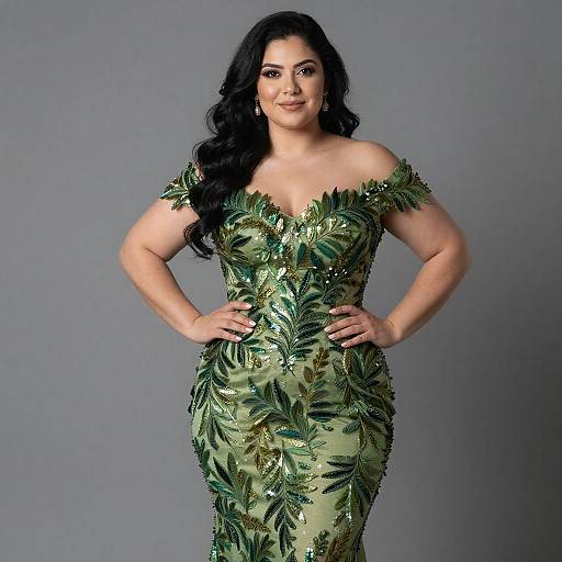 Confident Woman in Leaf-Patterned Gown