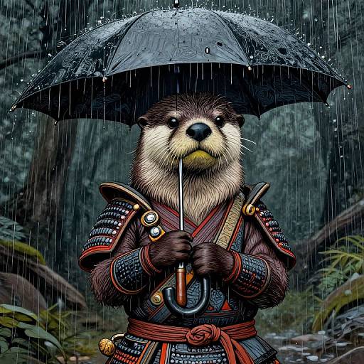 Anthropomorphic Otter Samurai in Rain