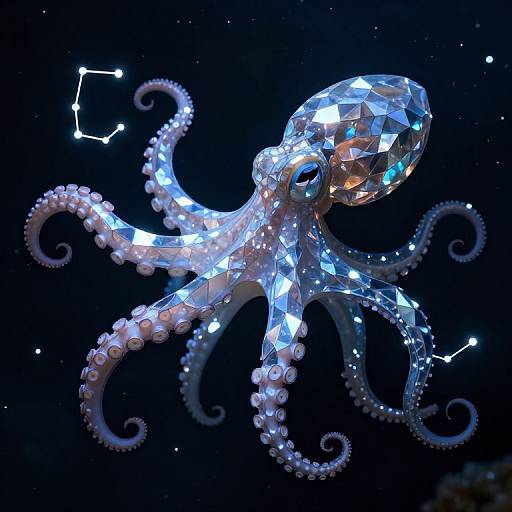 Digital CGI of a glowing, crystal-like octopus with shimmering blue and white facets, floating in a starry, dark space background. Constellation