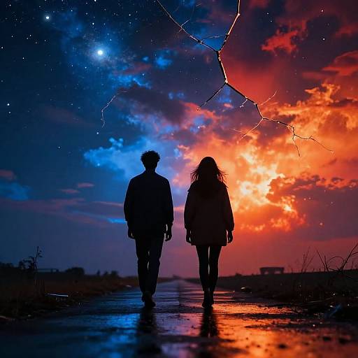 Silhouetted couple walking hand-in-hand under a vibrant, starry sky with electric lightning and dramatic clouds in blue and orange hues.