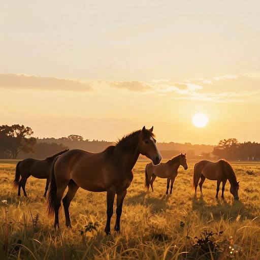 Golden Meadow with Wild Horses Sunset