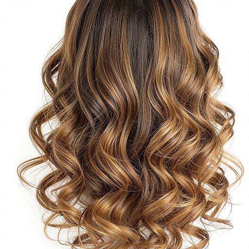 Photograph of long, wavy, brown and blonde ombre hair cascading down, with soft curls against a plain white background.