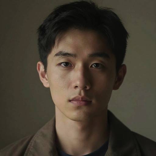 Photograph of a serious young Asian man with short black hair, light skin, dark eyes, wearing a brown jacket, against a dark gray background.