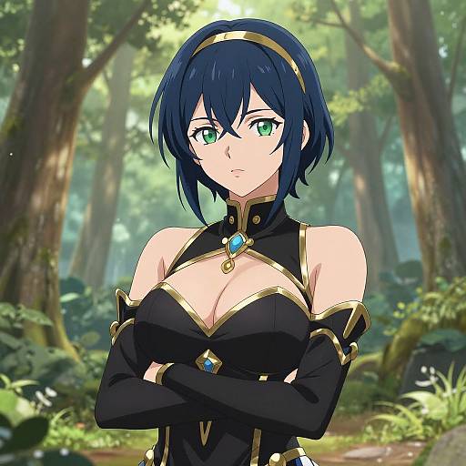 Anime-style digital illustration of a blue-haired, green-eyed woman with large breasts, wearing a black, gold-accented, cleavage-revealing