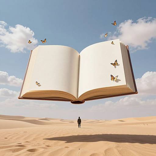 Surreal Desert with Giant Book and Butterflies