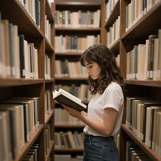 Photograph of a young woman with long, wavy brown hair, wearing a white t-shirt and blue jeans, reading a book in a library aisle