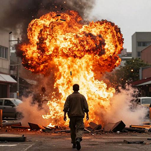 Rugged Hero Walks Through Explosion