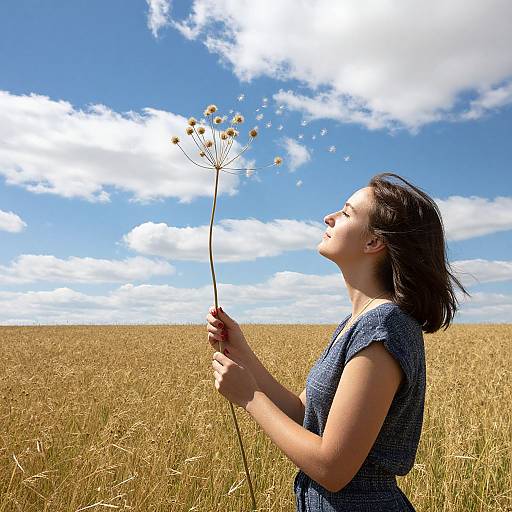 Young woman with short black hair, wearing a blue patterned dress, holds a dandelion seed head, gazing upward at a bright blue sky