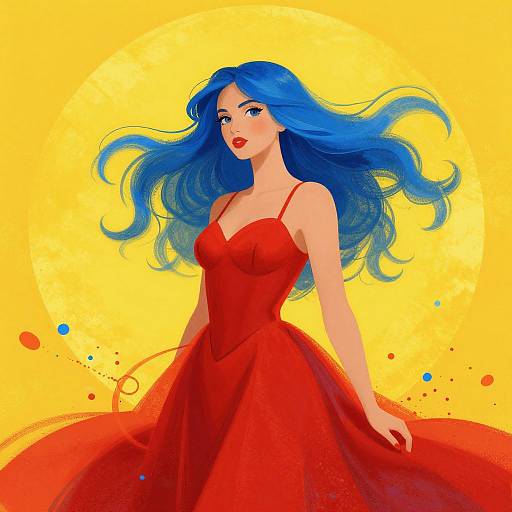Digital illustration of a beautiful woman with long blue hair, wearing a flowing red dress, against a bright yellow sunlit background.