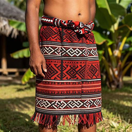 Photograph of a person with dark skin wearing a red, black, and white patterned, fringed skirt against a tropical outdoor background.