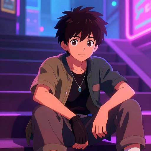 Hispanic Anime Boy Neon Cityscape