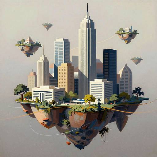 Digital art of a floating cityscape with skyscrapers, small islands, and hovering green islands, set against a pale sky.