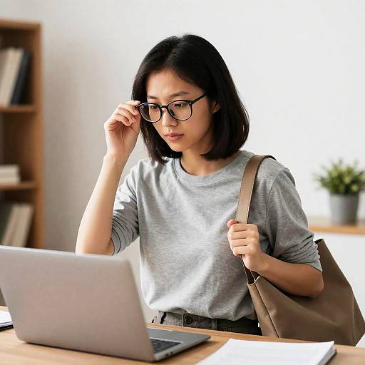 Photograph of an Asian woman with shoulder-length black hair, wearing glasses, a gray sweater, and a beige bag, working on a laptop in a