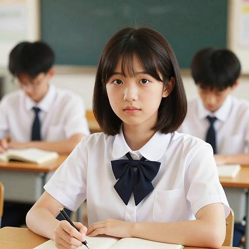 Photograph of an Asian teenage girl with straight black hair in a white school uniform with black bow, writing in a classroom with two blurred classmates and a