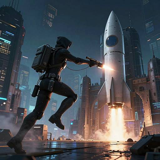 Futuristic Quantum Hacker Launching Rocket in Cyber City