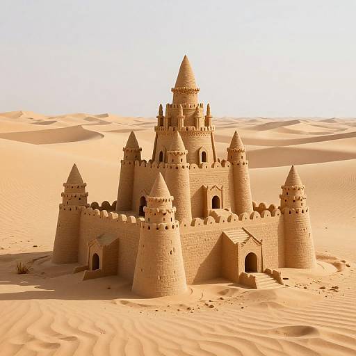 Photorealistic CGI of a sandcastle-style desert castle with multiple turrets, arched entrances, and conical roofs set in a sunlit,
