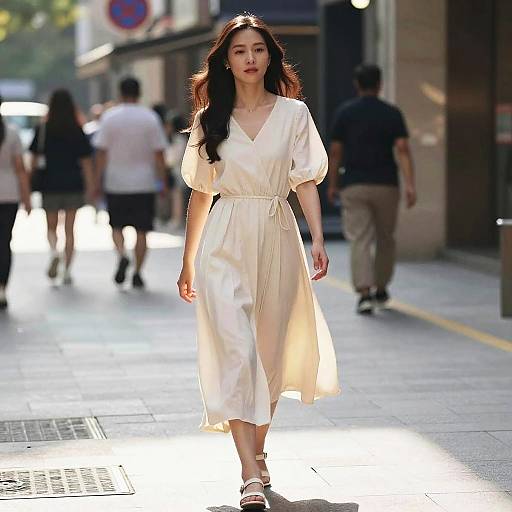 Asian Woman Walking on Sunlit Urban Street