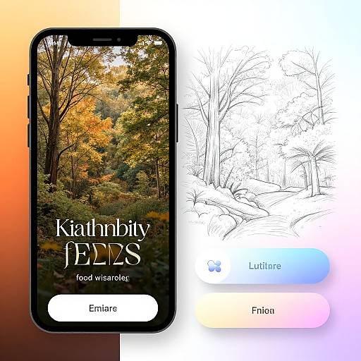 Photograph of smartphone screen displaying colorful autumn forest image with 