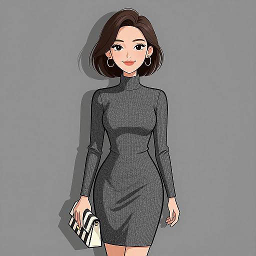 Digital anime-style drawing of a cute, fair-skinned woman with short black hair, wearing a tight, dark gray turtleneck dress, holding a