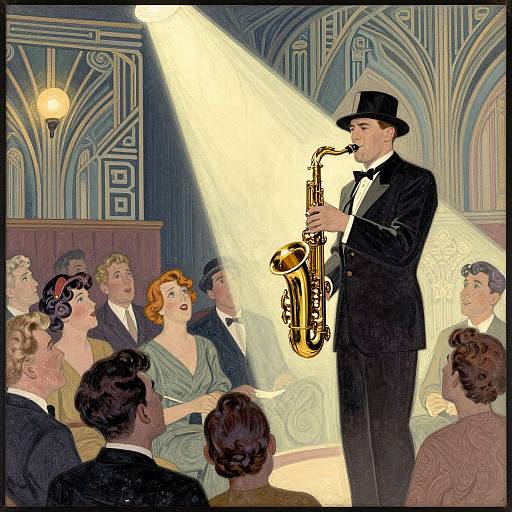 Vintage illustration of a jazz musician in a black tuxedo and top hat playing a saxophone on stage, spotlighted, with an attentive audience in