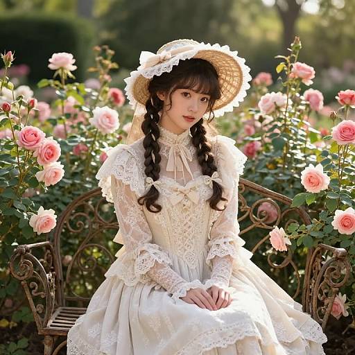 Photograph of a young woman with long braided brown hair, wearing a white lace Victorian dress and straw hat, sitting on an ornate bench surrounded