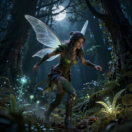Digital fantasy artwork of a glowing fairy warrior with translucent wings, green armor, and a glowing sword in a dark, moonlit forest.