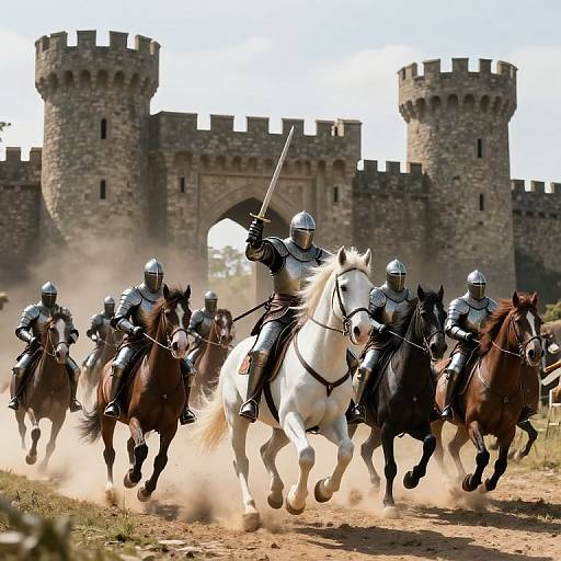 Charging Knights Beside Majestic Castle