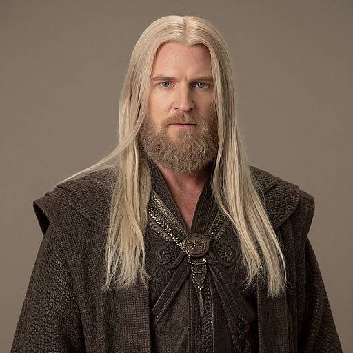 Photograph of a middle-aged man with long, straight platinum blonde hair, full beard, and intense blue eyes, wearing a dark, textured cloak with