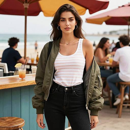 Stylish Woman at Seaside Bar