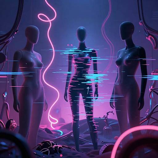 Digital art of three silhouette humanoid figures in neon-lit room with pink and blue lights, wires, and glitch effects.