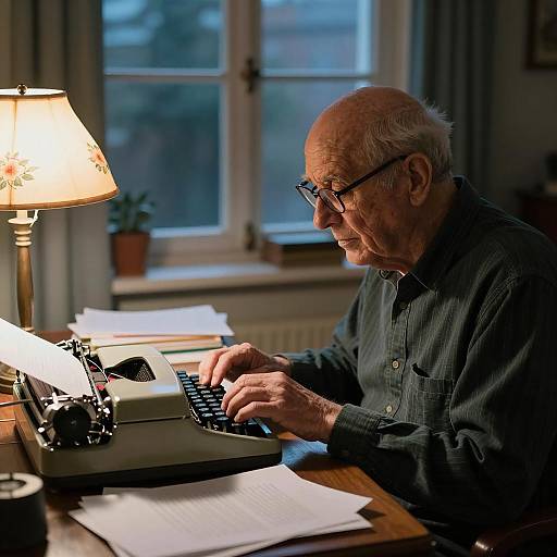 Vintage Night Scene with Elderly Typist