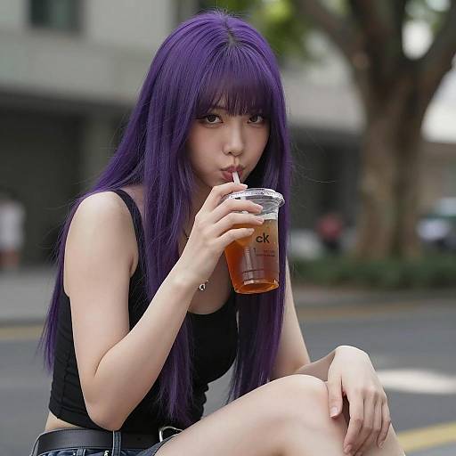 Serene Asian Woman Enjoying Iced Tea Outdoors