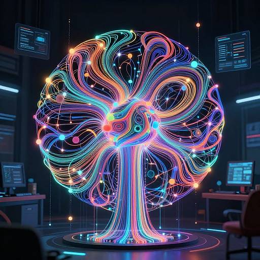 Neon, digital art of a glowing, colorful, abstract tree-like structure with swirling lines and bright, star-like lights in a dark, futuristic room