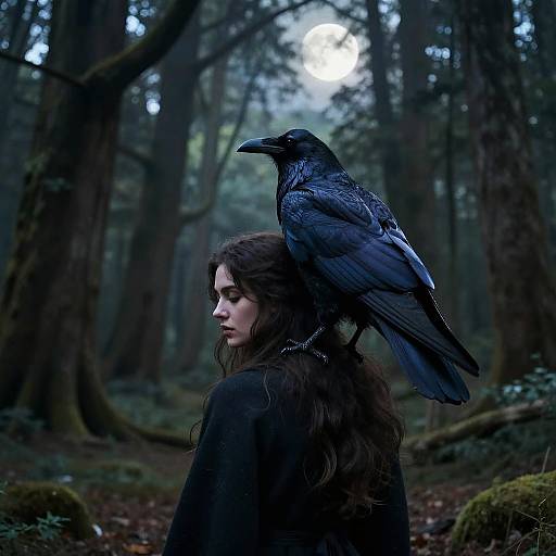 Mystical Woman with Raven in Forest
