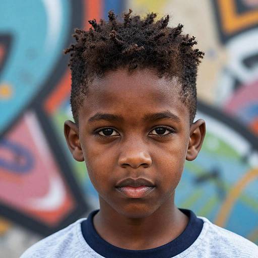 Photograph of a young African boy with short, curly black hair, dark brown skin, serious expression, wearing a white shirt with black collar, against