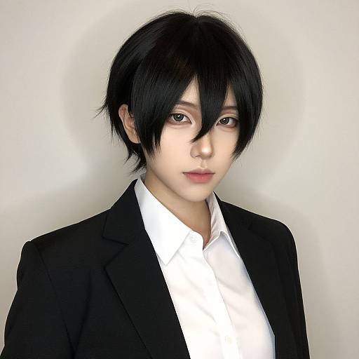 Photorealistic digital portrait of an Asian woman with short black hair, wearing a black blazer over a white shirt, against a plain white background.