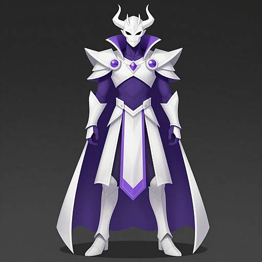 Digital illustration of a white-armored, horned knight with glowing purple accents, standing against a dark gradient background. Majestic, imposing presence.