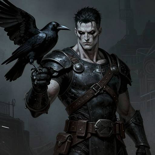Digital art of a muscular, white-faced man with black spiked hair, wearing dark armored gear, and a crow perched on his shoulder. Dark,