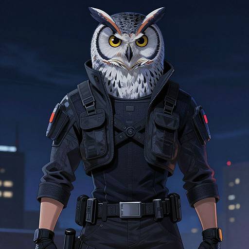 Digital art of a humanoid owl in a black tactical uniform, with intense yellow eyes, against a night cityscape background.