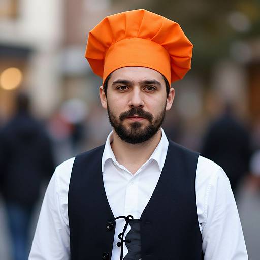Photograph of a bearded man with dark hair, wearing an orange, puffed turban, white shirt, black vest, and black bow tie