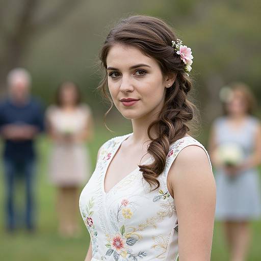 Photograph of a young woman with fair skin, brown wavy hair in a side braid, adorned with a pink flower, wearing a white floral