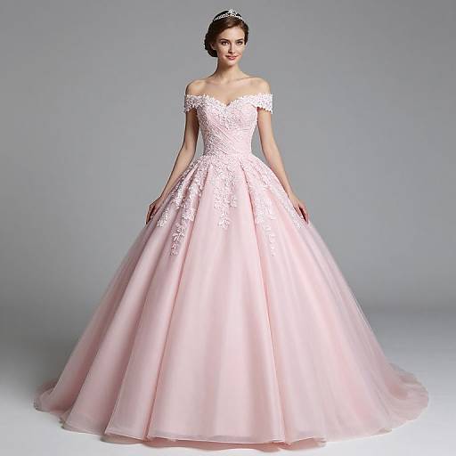 Photograph of a young woman in an off-shoulder, pastel pink, lace-embellished ball gown with a full, satin skirt