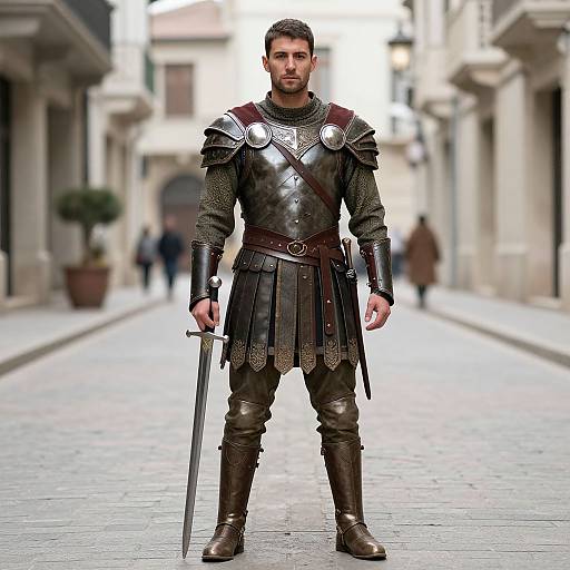 Photorealistic image of a muscular, dark-haired man in medieval armor, holding a sword, standing in a cobblestone street.