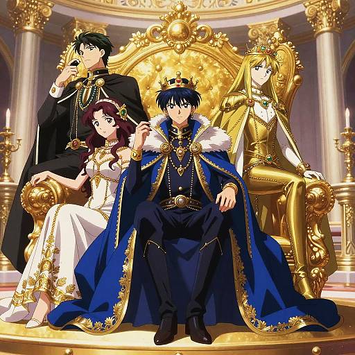 Anime-style digital illustration of four royals in opulent throne room: king in black cloak, queen in white gown, prince in blue robe, princess