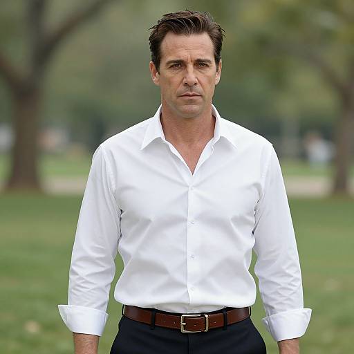 Photograph of a middle-aged man with short, dark hair, wearing a white button-up shirt and dark pants, standing in a grassy park.