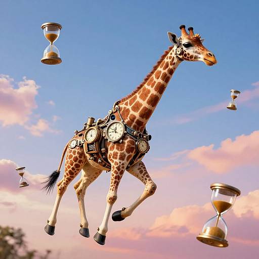Digital illustration of a giraffe floating in a bright blue sky, adorned with several antique hourglasses, against a pink-hued sunset.