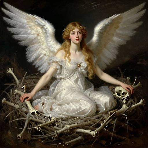 Digital painting of a winged, ethereal woman in a white, flowing gown, seated among bones with a skull in a nest-like structure.