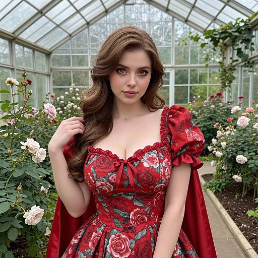 Photograph of a young woman with long brown hair in a red floral ball gown with puffed sleeves, standing in a glass greenhouse filled with roses.