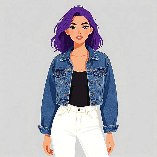 Digital illustration of a stylish woman with purple hair, wearing a blue denim jacket over a black top and white pants.