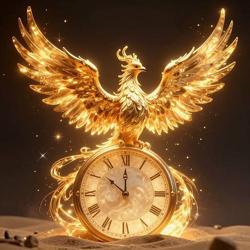Photograph of a golden phoenix with wings spread, emerging from a burning clock with Roman numerals, set against a dark night sky.